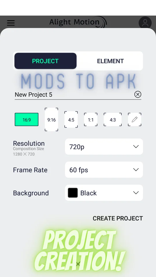 Project Creation in Alight Motion Mod Apk